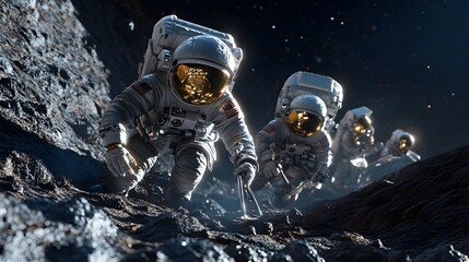 Wall Mural - Astronauts exploring an asteroid 3D rendering. 