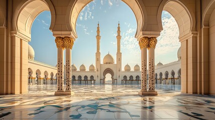 Wall Mural - Beautiful architecture of a mosque showcasing intricate designs and serene atmosphere under a clear blue sky.