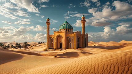 Beautiful desert scene featuring a majestic mosque with domes and minarets under a dramatic sky and soft sand dunes.