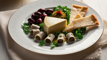 Fasting food plate with traditional dishes: olives, dolma, halva, and lagana on a white plate