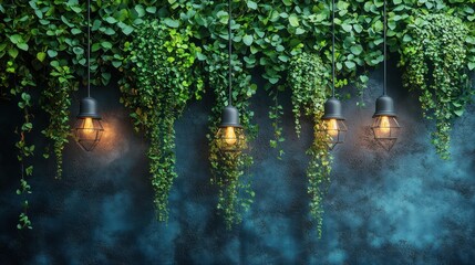 Wall Mural - Four Edison bulb lights hanging from a wall covered with green vines, with a teal background.