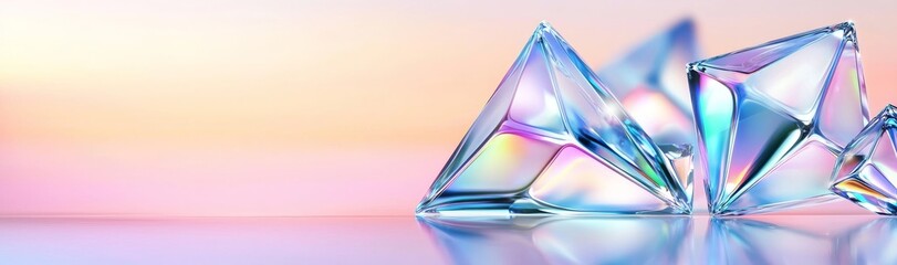 Poster - a wide panoramic polygonal wallpaper with a faceted gem, abstract crystal background, and iridescent