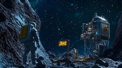 Wall Mural - Astronauts exploring an asteroid 3D rendering. 