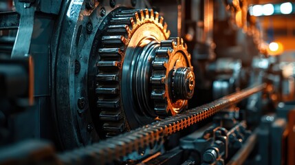 Poster - Close-up of a metallic gear amidst industrial machinery, showcasing the intricate design and engineering excellence in operation.