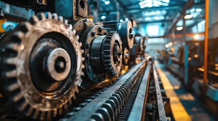 Poster - Close-up of industrial gears and machinery in a factory setting, showcasing mechanical precision and engineering design.