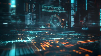 Poster - Futuristic business leader standing in front of a dark minimalist background intently viewing a virtual financial dashboard filled with glowing holographic data  Concept of innovative