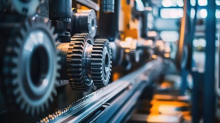 Poster - Close-up view of industrial machinery featuring intricate gears and components in a well-lit factory environment.