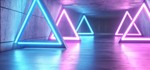 Poster - Future SciFi Asphalt Cement Road Double Lined Concrete Walls Underground Dark Night Car Show Neon Laser Triangles Glowing Purple Blue Arc Virtual Stage Showroom 3D Model