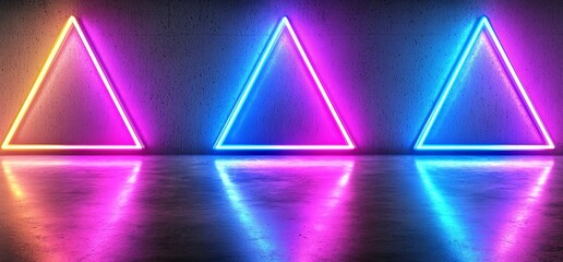 Poster - Three dimensional rendering of a futuristic asphalt cement road with double lined concrete walls, an underground dark night car show that features neon laser triangles, glowing purple and blue arcs,