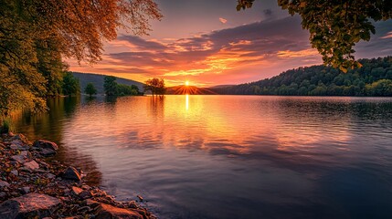 Wall Mural - A breathtaking sunset over a calm lake, with the sun's rays breaking through the clouds and reflecting in the water. 