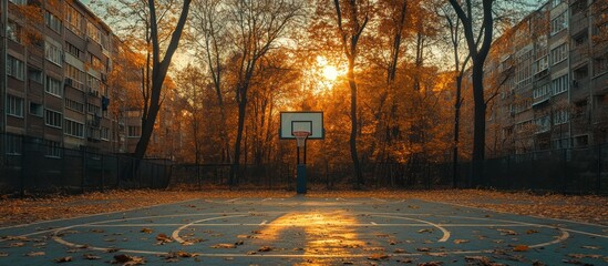 Poster - A basketball hoop stands on an empty court surrounded by vibrant autumn leaves. The sun shines through the trees creating a warm glow.