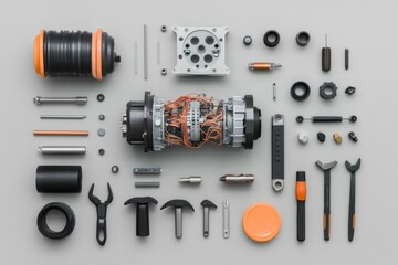 A collection of mechanical parts and tools arranged neatly, showcasing precision engineering and modern design aesthetics.