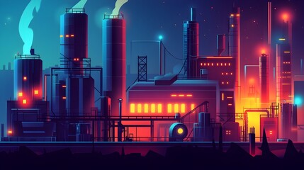 Poster - Vibrant Cartoon style Minimal Power Plant with Geometric Shapes Sleek Machinery and Whimsical Architectural Elements  Flat in a High contrast Retro Futuristic Palette