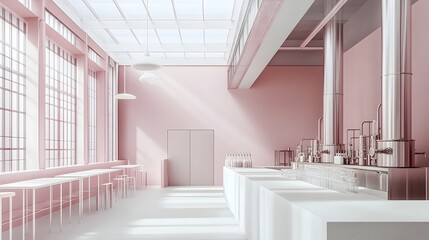 Aufkleber - Pastel Hued Compact Distillery with Minimalist and Contemporary Architectural Elements Clean Lines Geometric Shapes Sleek Metallic Accents