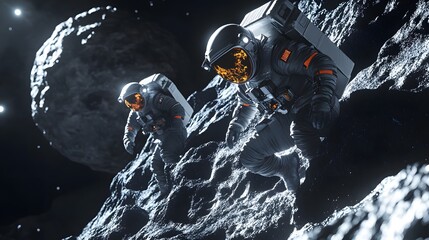 Wall Mural - Astronauts exploring an asteroid 3D rendering. 