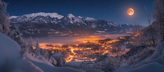 Wall Mural - Snowy mountain range with a small town in the valley lit up at night under a full moon.