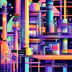Poster - Vibrant and simplified power plant featuring geometric shapes patterns and a neon color palette  Modernist influence creates a surreal futuristic industrial cityscape concept