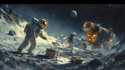 Wall Mural - Astronauts exploring an asteroid 3D rendering. 