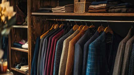 Elegant display of various coats and jackets hung neatly in a stylish wooden wardrobe, showcasing a sophisticated fashion collection.