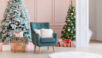 Wall Mural - Comfortable armchair in a stylish interior, celebrating the festive spirit of Christmas.