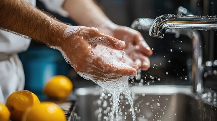 Fresh hands washing under a modern faucet, showcasing cleanliness and hygiene in a vibrant kitchen setting with citrus fruits.