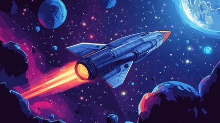 Wall Mural - a blue spaceship soaring through a starry nebula with fiery exhaust