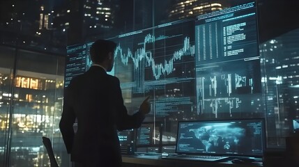 Poster - Futuristic finance team collaborating and reviewing augmented reality reports and data analytics on transparent holographic screens in a modern technology driven office workspace