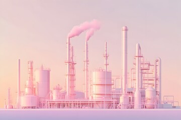Poster - Pastel Tinged Compact Oil Refinery with Streamlined Industrial Structures and Eco Friendly Sustainable Design  rendering in a minimalist visual style influenced by architecture