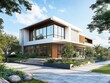 © Wake Up, Dreamer - A two-story home exterior with a minimalist design featuring large windows and wooden accents. Surrounded by greenery, the sleek structure blends contemporary architecture with natural elements.