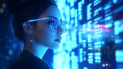 Poster - Businesswoman Analyzing Futuristic Digital Currency Exchange Holographic Graphs and Data Visualizations on a Sleek Corporate Office Workspace Display  Concepts of Financial Technology Innovation