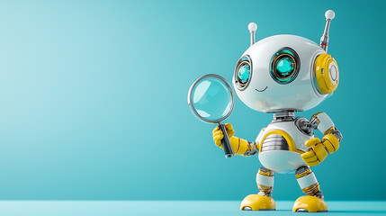 cheerful 3D robot holding magnifying glass, showcasing curiosity and exploration. vibrant colors and friendly design create engaging atmosphere