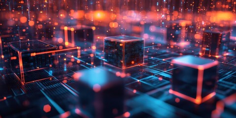 Poster - modern digital abstract 3d background with futuristic office settings and glowing data streams for b