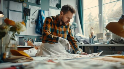 Poster - A man in a plaid shirt is cutting fabric on a table