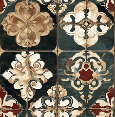 Wall Mural - Seamless pattern of damask fabric with an earthy color palette