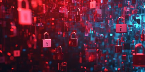 Poster - modern digital abstract 3d background with holographic locks and keys floating in space representing