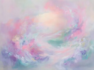 Poster - Ethereal Pastel Abstract Painting with Swirling Shapes and Gentle Brushwork Vibrant yet Soothing Composition in Shades of Pink Lavender and Mint with a Dreamlike Impressionistic Aesthetic