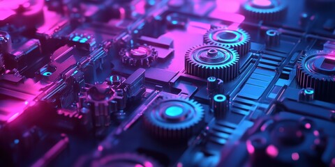 Poster - Modern Digital Abstract 3D Background with Interlocking Gears and Neon Lights Symbolizing Automation and Technological Evolution in Factories