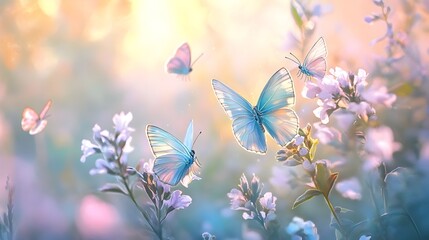 Poster - Delicate butterflies fluttering amidst a lush pastel garden with soft light and dreamlike impressionistic textures  The scene evokes a romantic enchanting atmosphere in a natural vibrant landscape