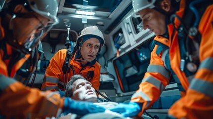 Aufkleber - Three emergency medical personnel are working together to help a patient