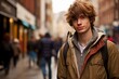 © MediaRaw - A young man wearing a brown jacket and a backpack stands in the street