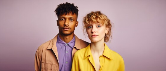 Wall Mural - A man and a woman are standing next to each other, both wearing yellow shirts