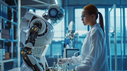Poster - A woman in a lab coat is working with a robot