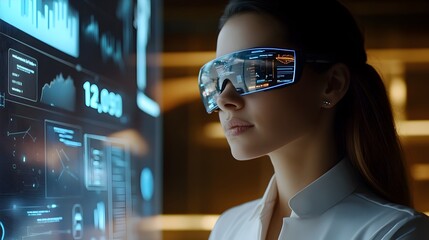 Poster - Futuristic Businesswoman Utilizing Holographic Analytics Dashboard in Innovative Office Setting