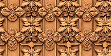 3d seamless pattern with carved wooden flowers