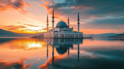 Wall Mural - Stunning mosque at sunset, reflecting in calm waters, showcasing architectural beauty and serene nature.