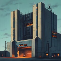 Poster - Streamlined Retrofuturistic Power Station with Bold Architectural Minimalism   Cartoon style Digital Painting of a Futuristic Urban Landscape with Crisp Rendering and Vibes