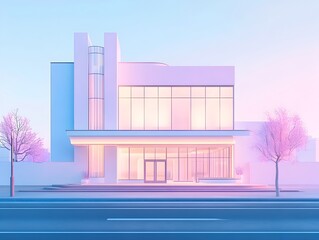 Poster - Minimalist pastel toned distillery with an elegant art deco inspired symmetrical facade featuring soft lighting and a architectural in a Bauhaus influenced urban cityscape