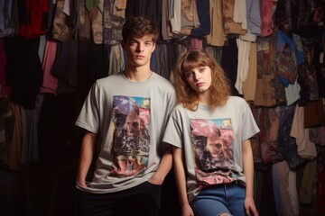 A man and woman are posing for a photo wearing shirts with a picture of a man