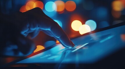 Poster - A close-up of a finger tapping on a touchscreen device, illuminated by colorful lights.