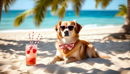 Wall Mural - Golden Retriever enjoying relaxation at a tropical resort surrounded by palm trees in a peaceful vacation setting